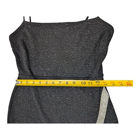 Windsor Black Asymmetrical Mini Dress L Spaghetti Straps Bodycon Rhinestones - Picture 12 of 16